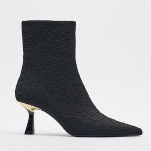 Zara Black Fabric Heeled Pointed Toe Ankle Boots